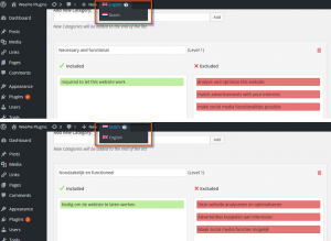 Example of the English and Dutch Cookie Categories settings page