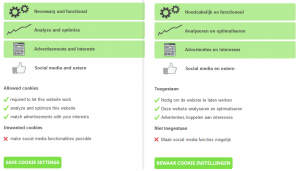 Example of the English and Dutch translated cookie settings pop-up