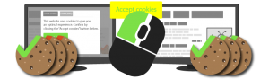 Illustration of a pop-up with no cookies on first visit and all cookies after clicking the accept button
