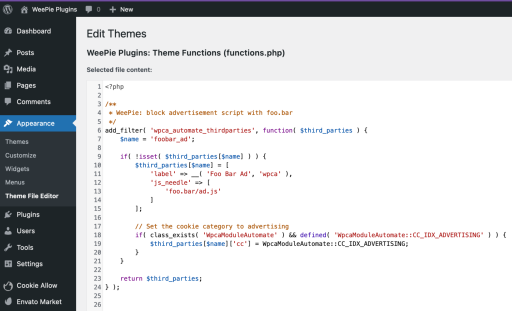 How to add the WeePie Cookie Allow PHP code to your Theme's functions.php file